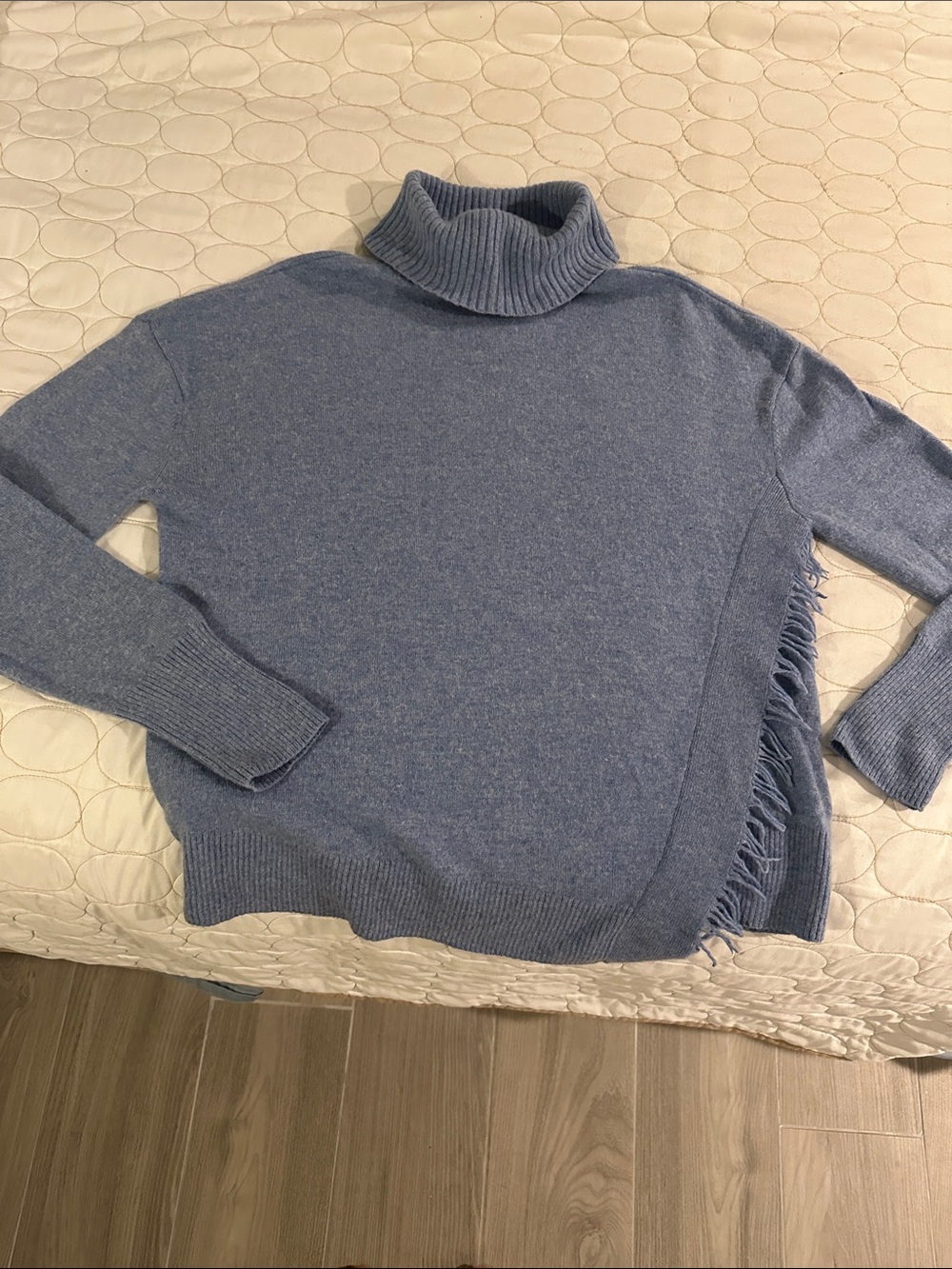 Wool-Cashmere blend Fringe Side Turtleneck Sweater in Dusty Blue